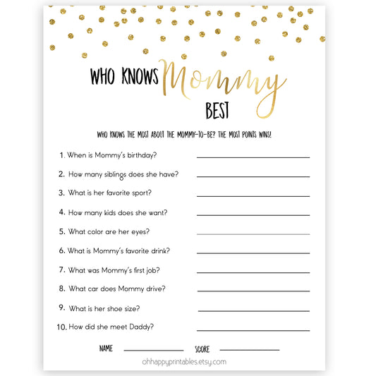 Gold Who Knows Mommy Best Quiz, Baby Shower Games, Knows Mummy Games, Gold Glitter Baby Shower Games, Gold Fun Baby Shower Games 