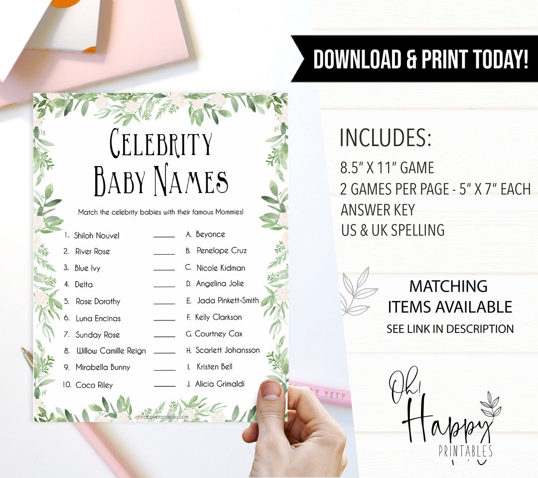 Greenery Celebrity Baby Names, Green Leaf Guess the Celebrity Baby, Famous Babies Game, Celebrity Babies Game, Botanical Baby Shower, printable baby shower games, fun baby shower games, popular baby shower games