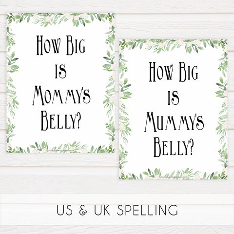 How Big Is Mommy's Belly in Greenery, Mommys Belly Game, Baby Shower Games, Leaf Baby Games, Green Guess Mommys Belly, printable baby shower games, fun baby shower games, popular baby shower games