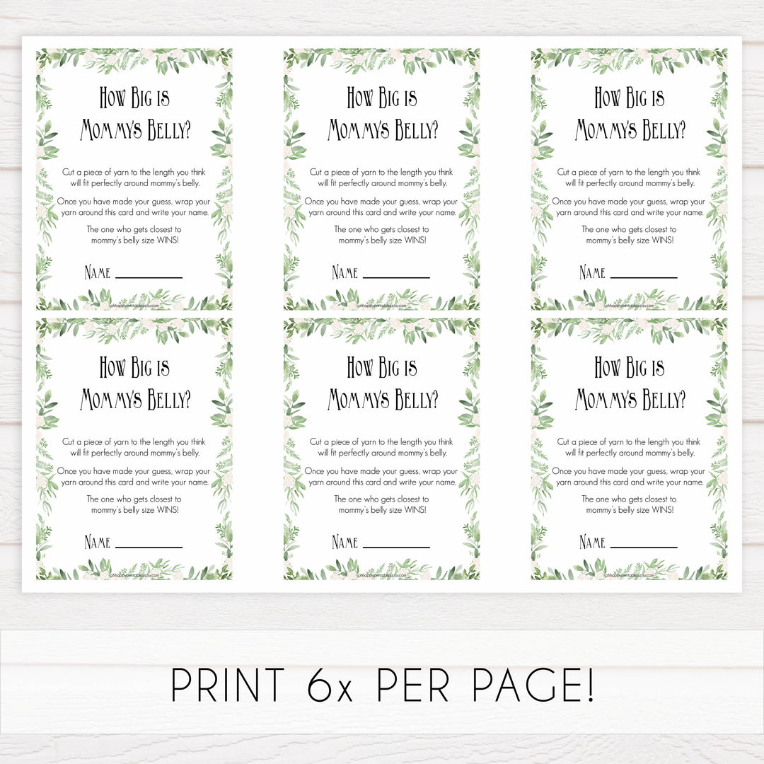 How Big Is Mommy's Belly in Greenery, Mommys Belly Game, Baby Shower Games, Leaf Baby Games, Green Guess Mommys Belly, printable baby shower games, fun baby shower games, popular baby shower games