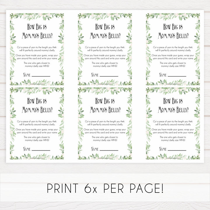 How Big Is Mommy's Belly in Greenery, Mommys Belly Game, Baby Shower Games, Leaf Baby Games, Green Guess Mommys Belly, printable baby shower games, fun baby shower games, popular baby shower games