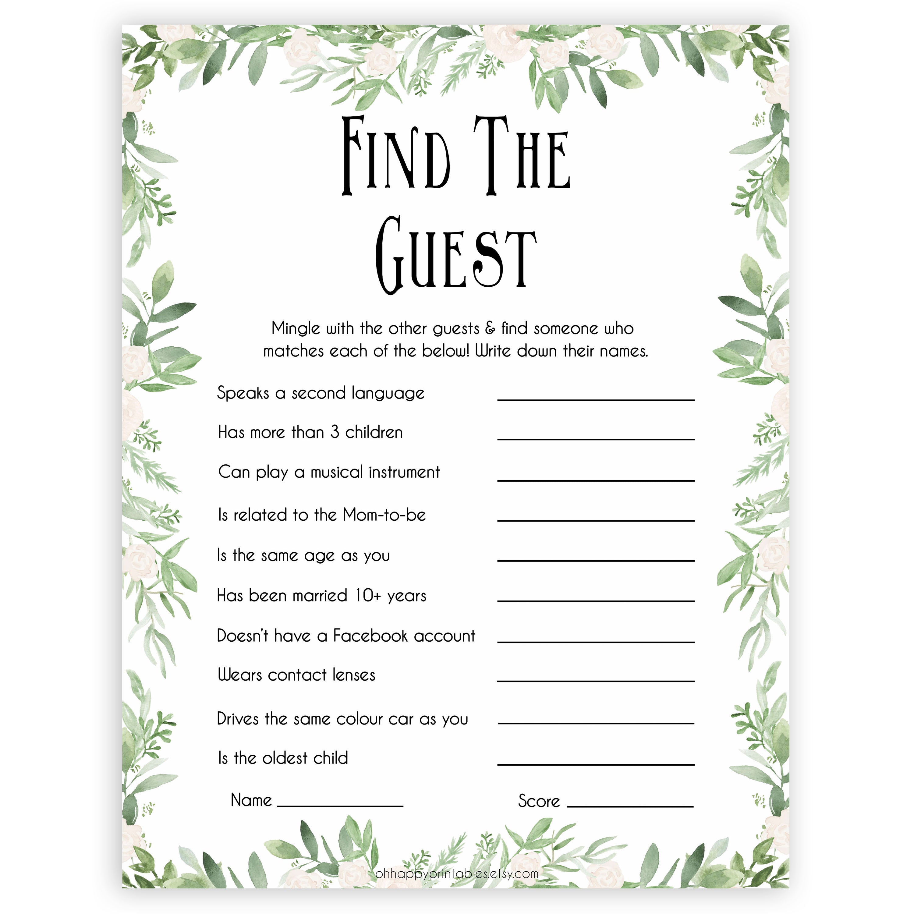 Greenery Find The Guest Baby Shower Game, Find the Guest, Ice Breaker Game, Baby Shower Games, Botanical Baby Shower, Find the Guest, printable baby shower games, fun baby shower games, popular baby shower games