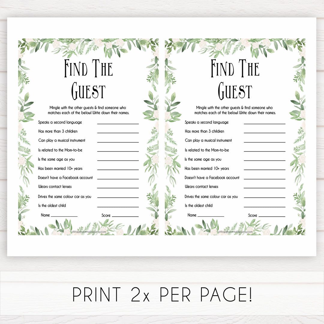 Greenery Find The Guest Baby Shower Game, Find the Guest, Ice Breaker Game, Baby Shower Games, Botanical Baby Shower, Find the Guest, printable baby shower games, fun baby shower games, popular baby shower games