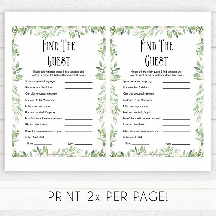 Greenery Find The Guest Baby Shower Game, Find the Guest, Ice Breaker Game, Baby Shower Games, Botanical Baby Shower, Find the Guest, printable baby shower games, fun baby shower games, popular baby shower games