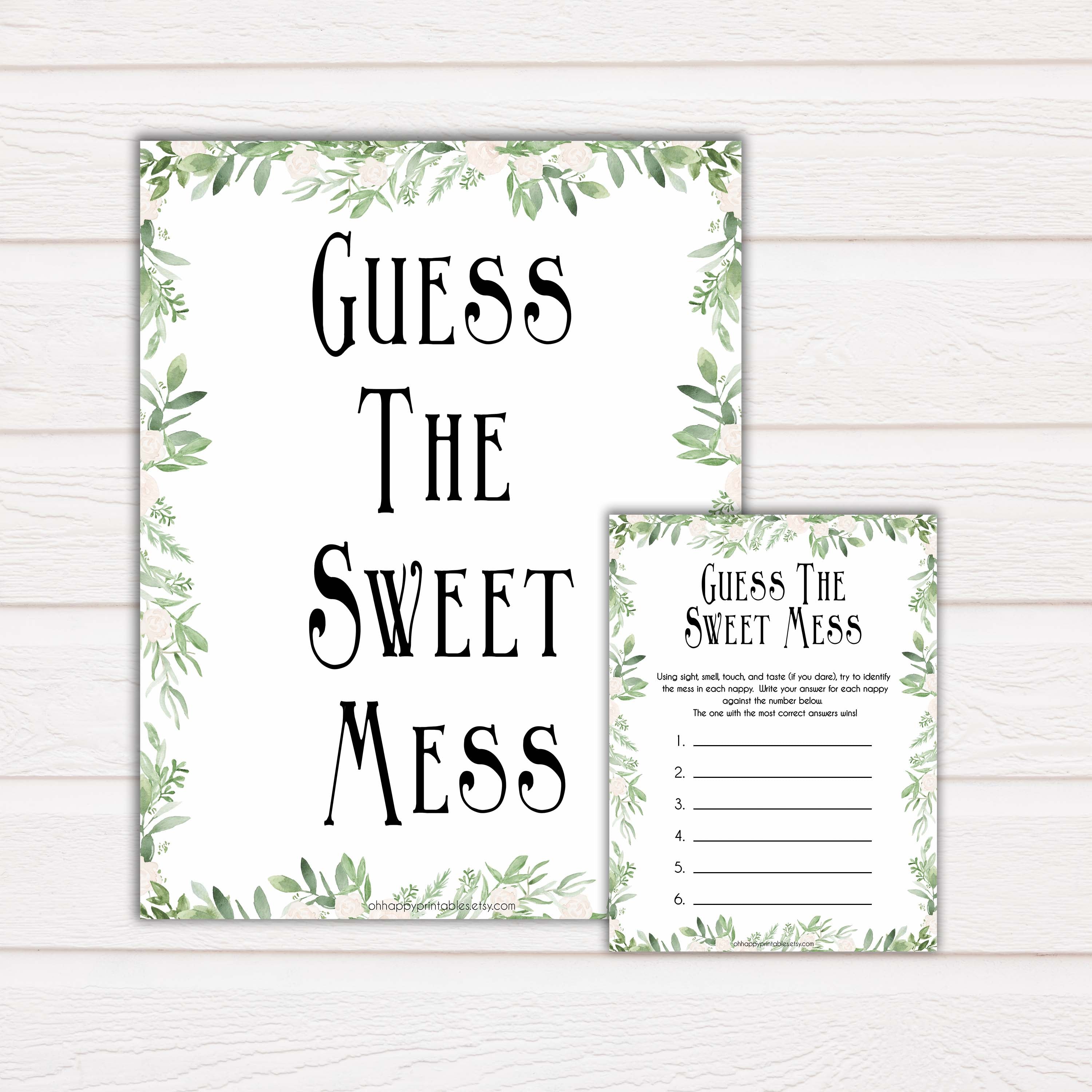 reenery Baby Shower Guess The Mess Game, Bontanical Baby Shower Guess The Sweet Mess, Baby Shower Games, Guess The Mess, Baby Games, printable baby shower games, fun baby shower games, popular baby shower games