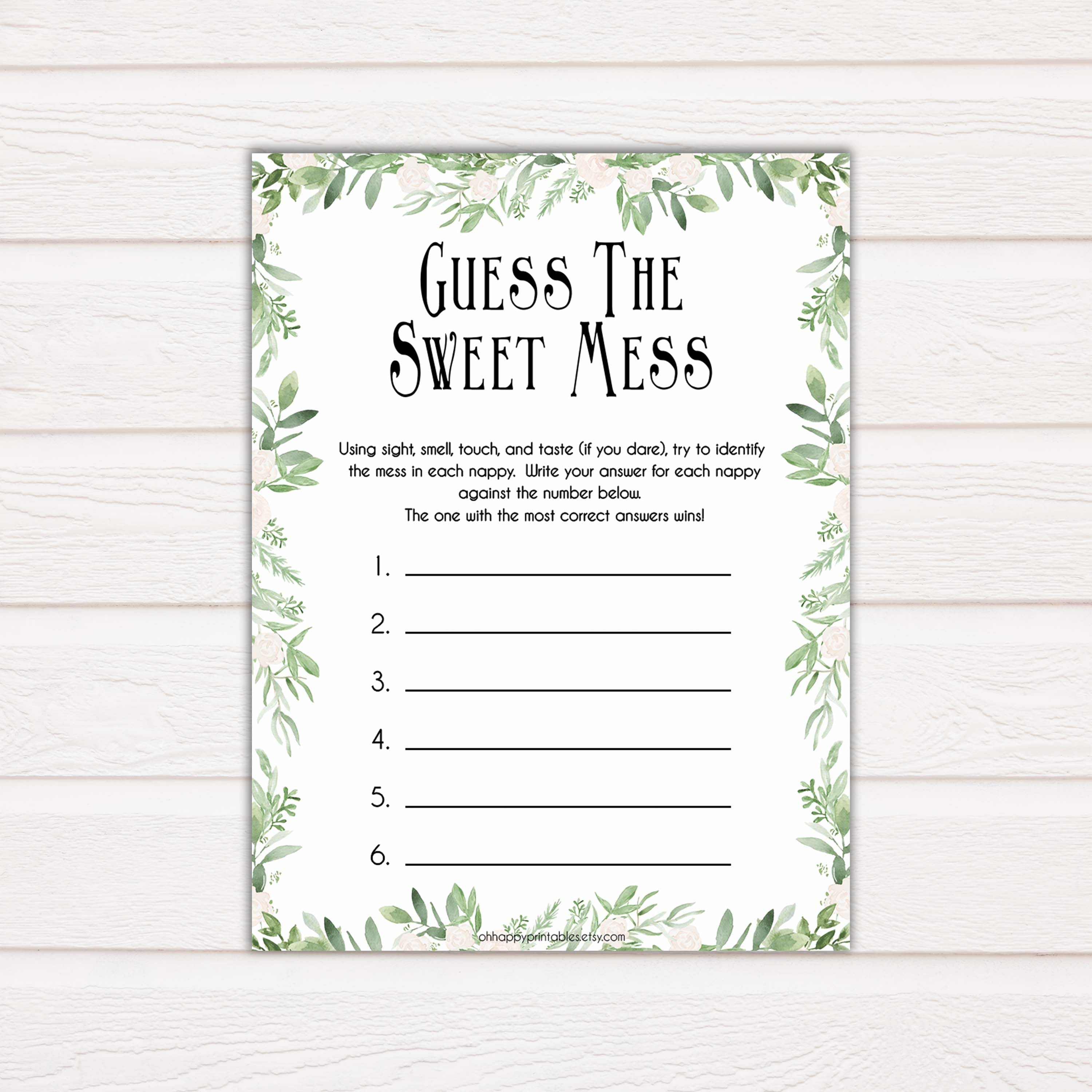 reenery Baby Shower Guess The Mess Game, Bontanical Baby Shower Guess The Sweet Mess, Baby Shower Games, Guess The Mess, Baby Games, printable baby shower games, fun baby shower games, popular baby shower games