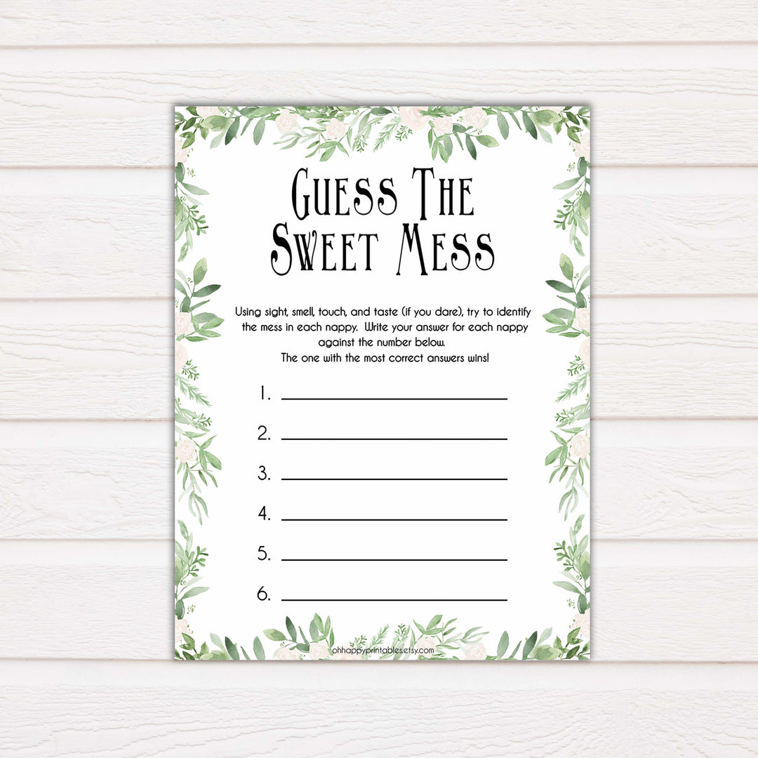 reenery Baby Shower Guess The Mess Game, Bontanical Baby Shower Guess The Sweet Mess, Baby Shower Games, Guess The Mess, Baby Games, printable baby shower games, fun baby shower games, popular baby shower games