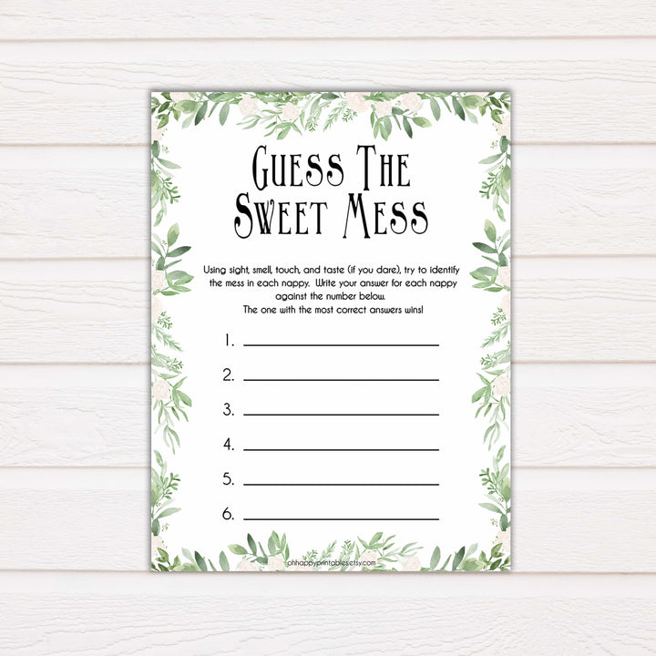 reenery Baby Shower Guess The Mess Game, Bontanical Baby Shower Guess The Sweet Mess, Baby Shower Games, Guess The Mess, Baby Games, printable baby shower games, fun baby shower games, popular baby shower games
