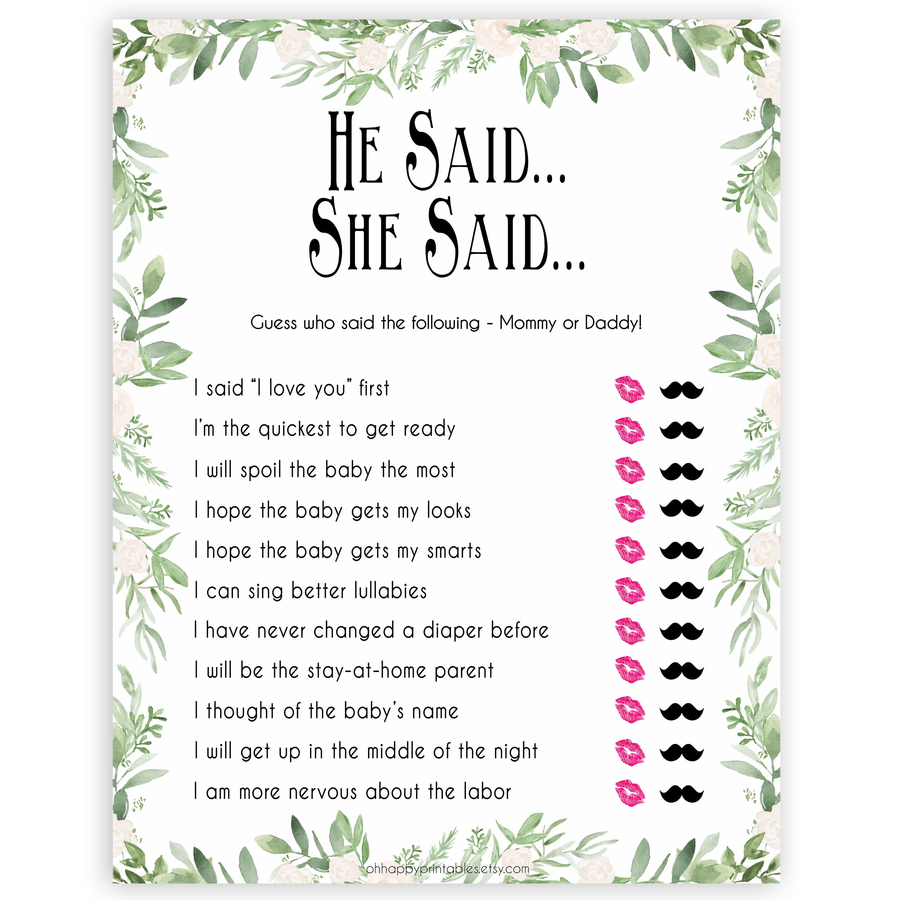 Greenery He Said She Said Baby Shower Game, Who Said It, Baby Shower Games, He Said She Said Game, Mommy or Daddy Game, Who What What, printable baby shower games, fun baby games, popular baby games