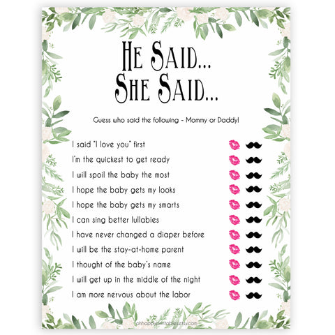 Greenery He Said She Said Baby Shower Game, Who Said It, Baby Shower Games, He Said She Said Game, Mommy or Daddy Game, Who What What, printable baby shower games, fun baby games, popular baby games