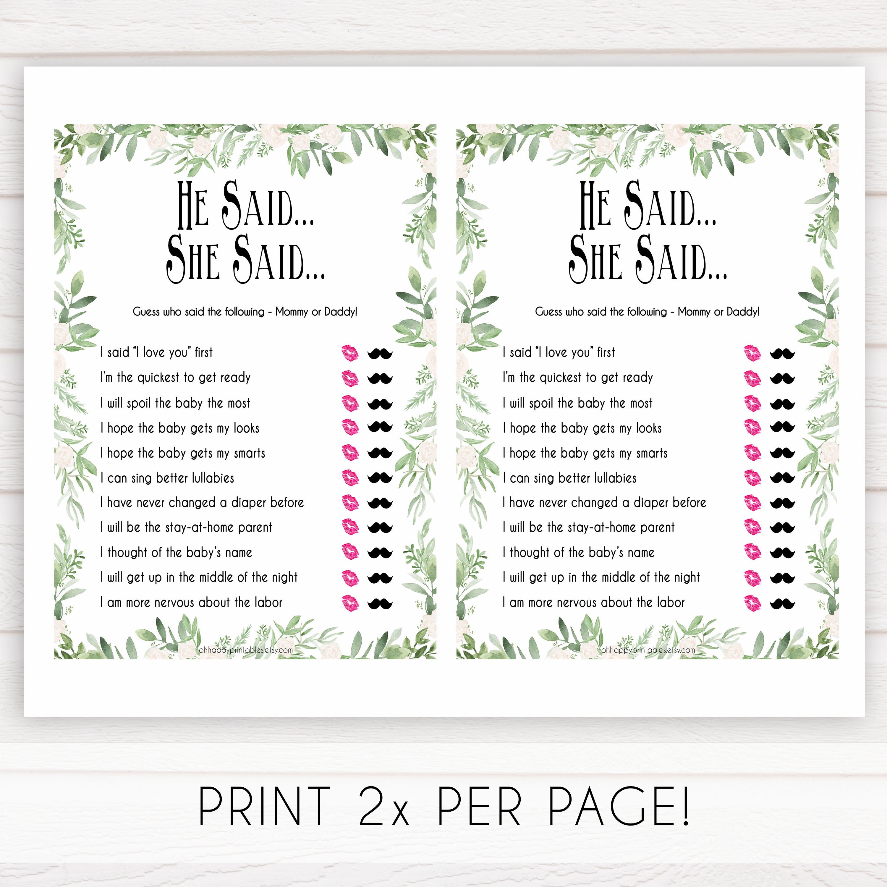 Greenery He Said She Said Baby Shower Game, Who Said It, Baby Shower Games, He Said She Said Game, Mommy or Daddy Game, Who What What, printable baby shower games, fun baby games, popular baby games