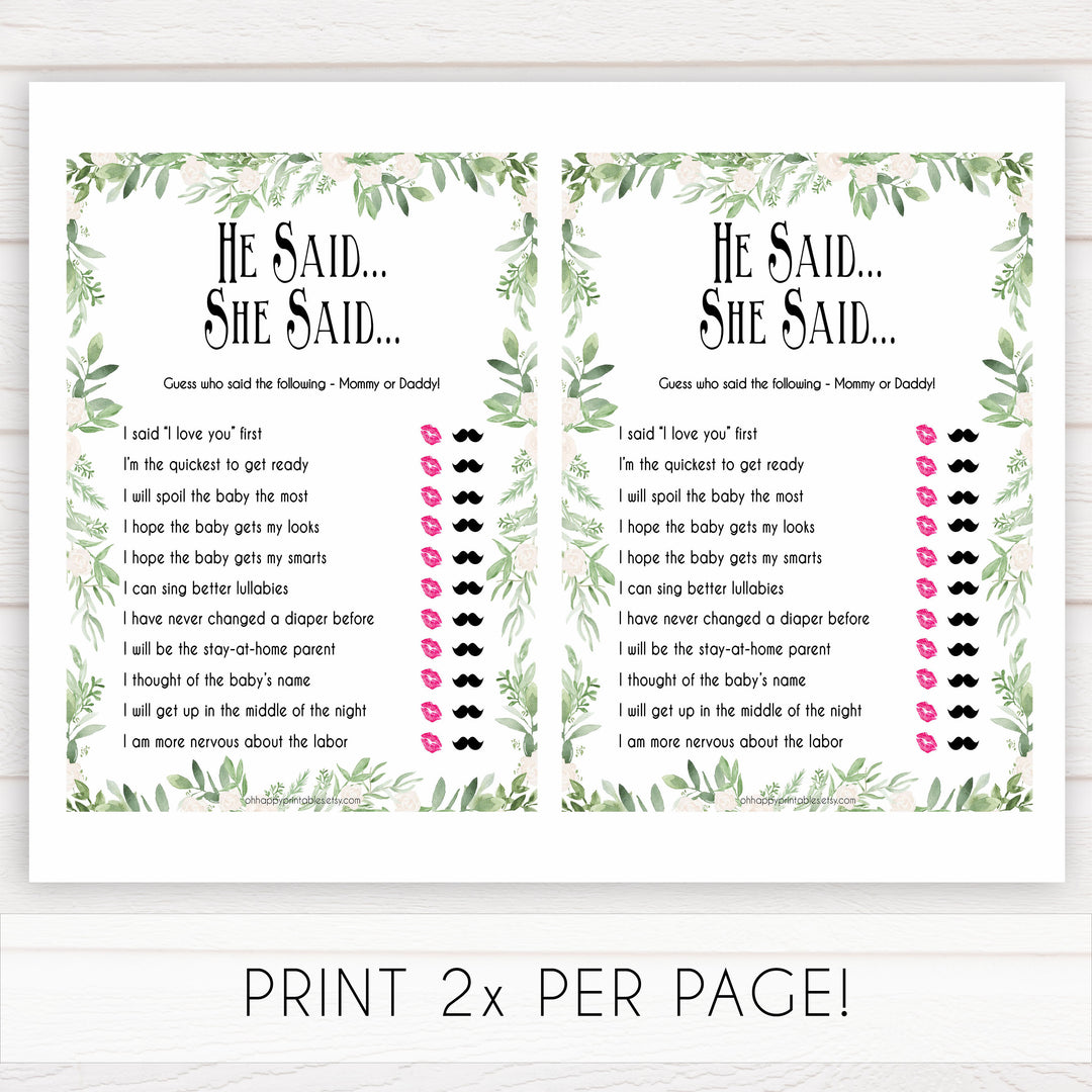 Greenery He Said She Said Baby Shower Game, Who Said It, Baby Shower Games, He Said She Said Game, Mommy or Daddy Game, Who What What, printable baby shower games, fun baby games, popular baby games
