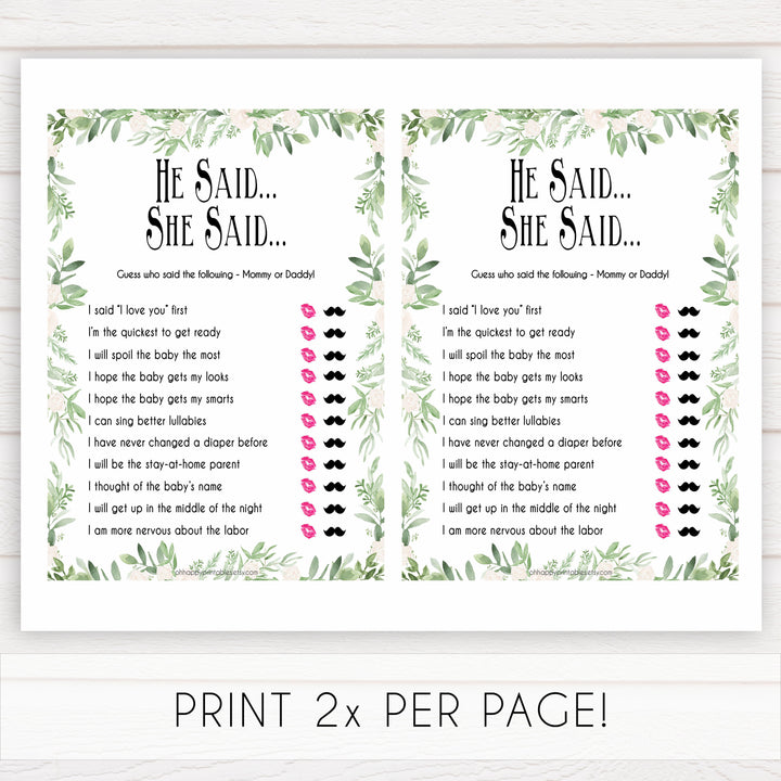 Greenery He Said She Said Baby Shower Game, Who Said It, Baby Shower Games, He Said She Said Game, Mommy or Daddy Game, Who What What, printable baby shower games, fun baby games, popular baby games