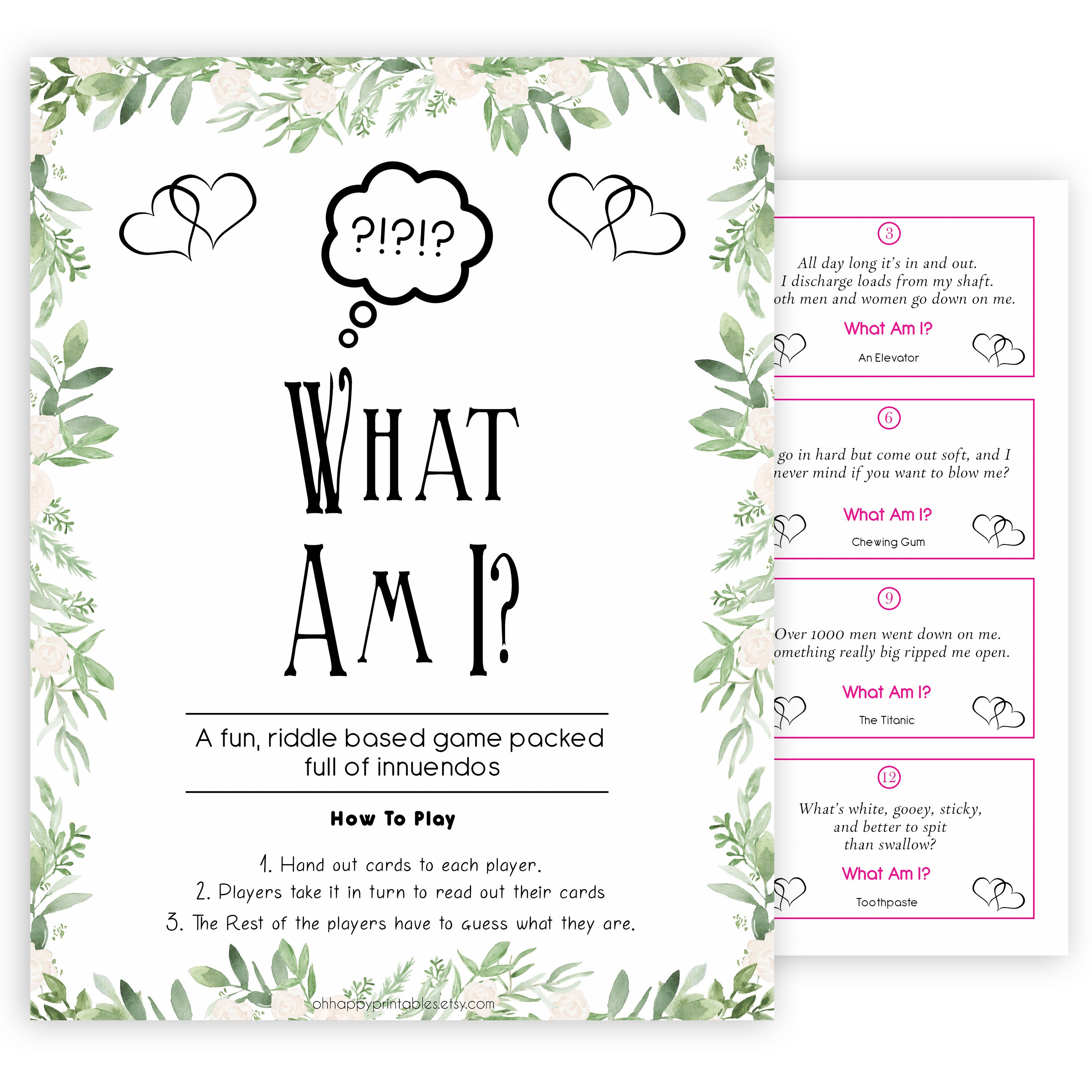 24 What Am I Innuendo Baby Shower Games, Innuendo Riddle Greenery Baby Shower Games, What Am I Games, Baby Games, Adult Baby Shower, printable baby shower games, fun baby shower games, popular baby shower games