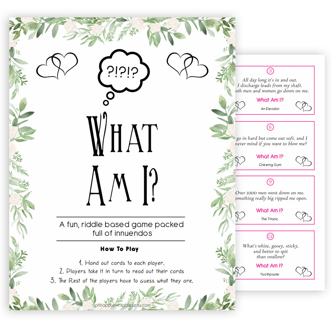 24 What Am I Innuendo Baby Shower Games, Innuendo Riddle Greenery Baby Shower Games, What Am I Games, Baby Games, Adult Baby Shower, printable baby shower games, fun baby shower games, popular baby shower games