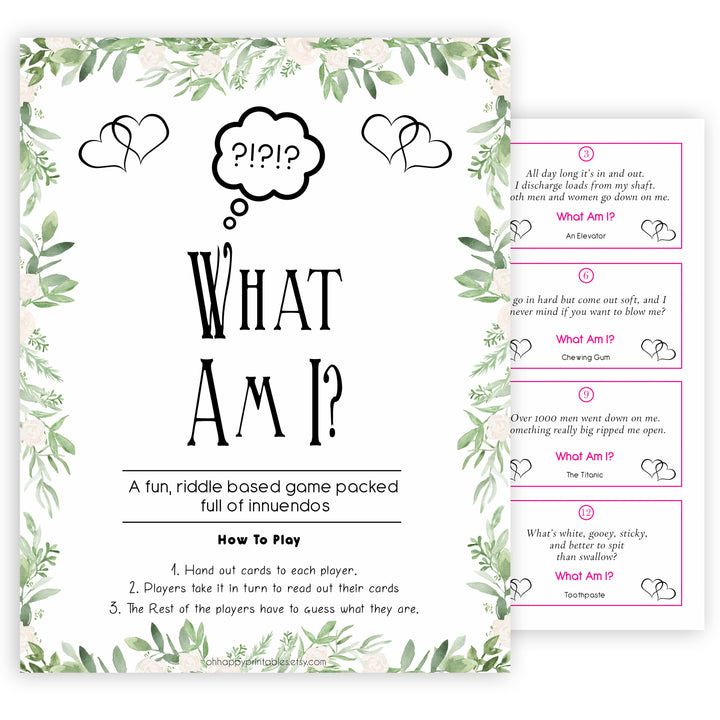 24 What Am I Innuendo Baby Shower Games, Innuendo Riddle Greenery Baby Shower Games, What Am I Games, Baby Games, Adult Baby Shower, printable baby shower games, fun baby shower games, popular baby shower games