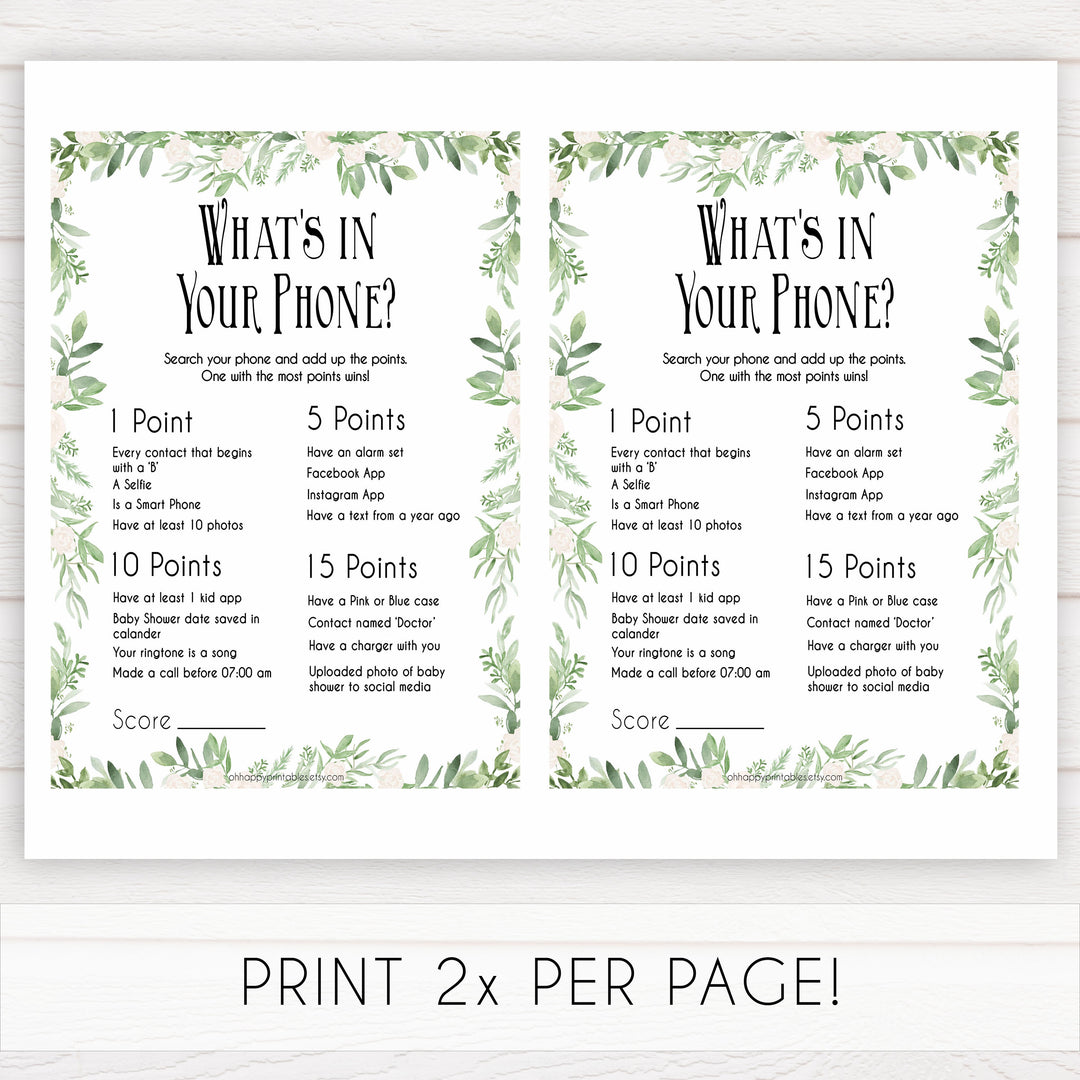 Leaf Whats In Your Phone Baby Shower Game, Greenery Baby Games, Baby Shower Games, Whats on Your Phone, Baby Shower Phone Game, printable baby games, fun baby shower, popular baby games