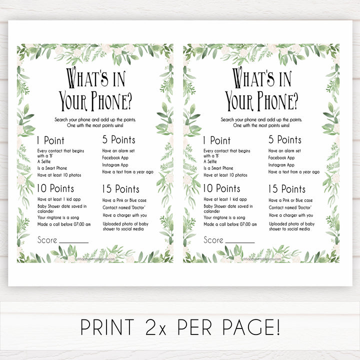 Leaf Whats In Your Phone Baby Shower Game, Greenery Baby Games, Baby Shower Games, Whats on Your Phone, Baby Shower Phone Game, printable baby games, fun baby shower, popular baby games