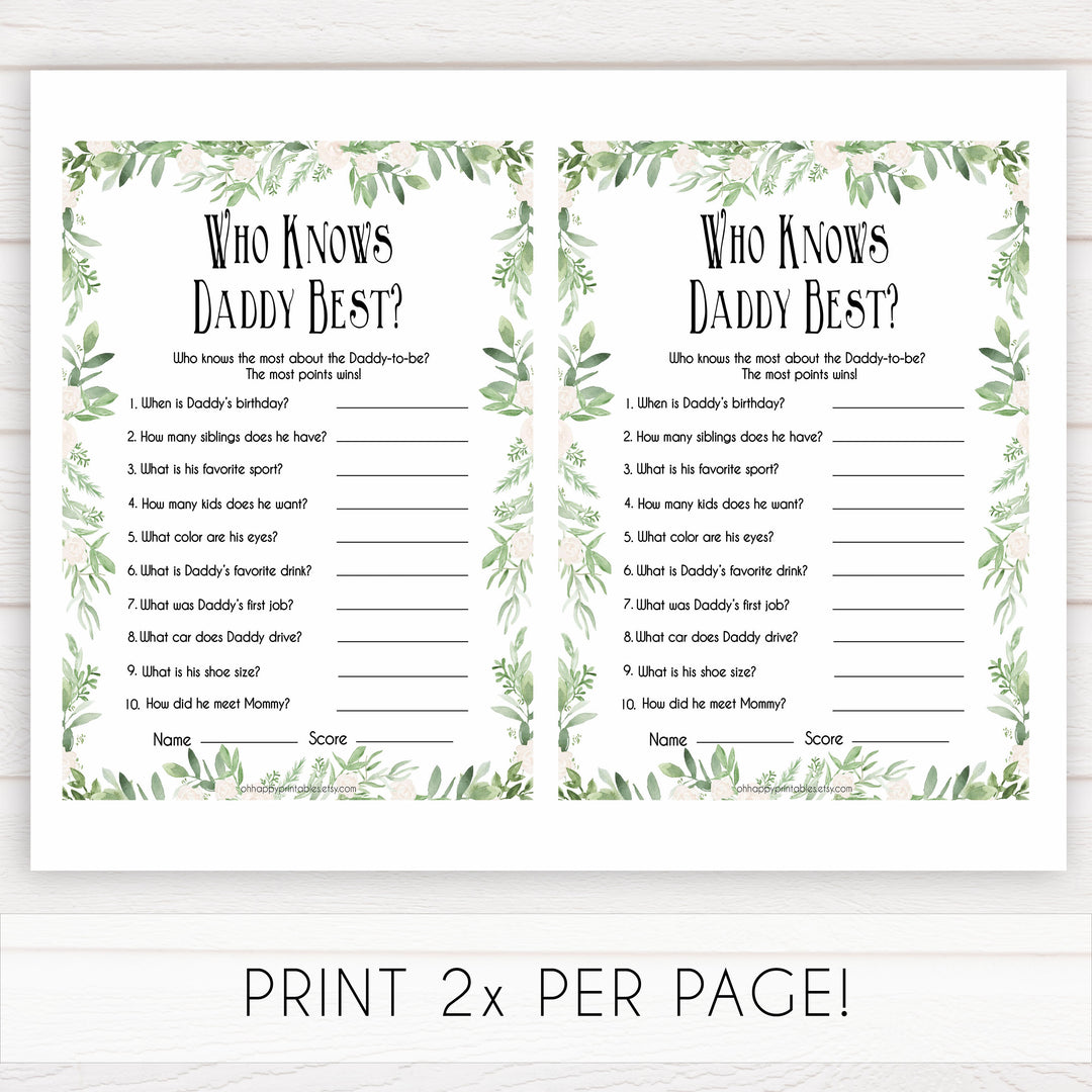 Greenery Who Knows Daddy Best, How Well Do you Know Daddy Games, Green Leaf Who Knows Daddy Game, Baby Shower Games, Leaf Baby Shower, printable baby games, fun baby games, popular baby games