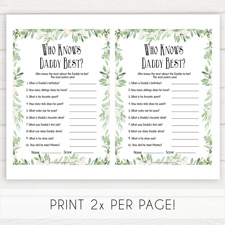 Greenery Who Knows Daddy Best, How Well Do you Know Daddy Games, Green Leaf Who Knows Daddy Game, Baby Shower Games, Leaf Baby Shower, printable baby games, fun baby games, popular baby games
