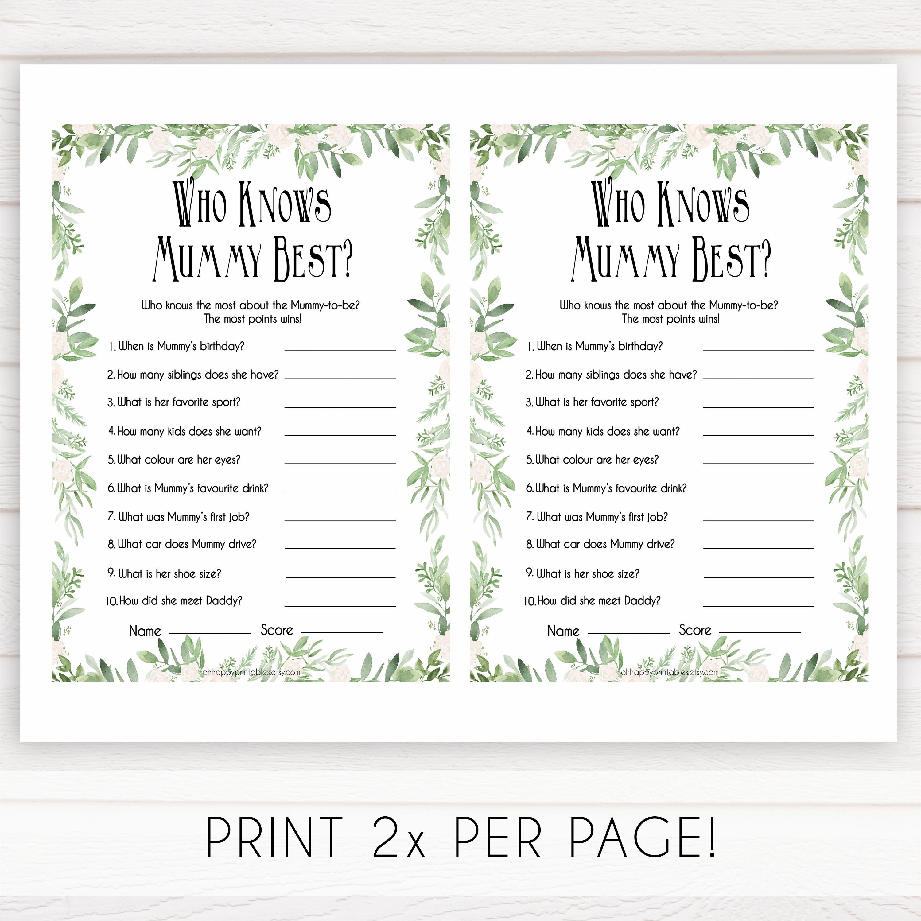 Greenery Who Knows Mommy Best Quiz, Baby Shower Games, Knows Mummy Games, Green Leaf Baby Shower Games, Green Fun Baby Shower Games, printable baby shower games, fun baby games, popular baby games