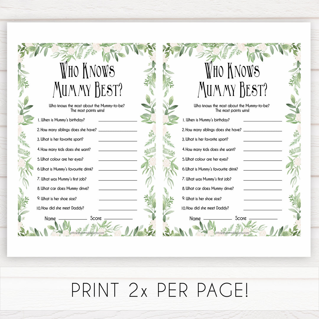 Greenery Who Knows Mommy Best Quiz, Baby Shower Games, Knows Mummy Games, Green Leaf Baby Shower Games, Green Fun Baby Shower Games, printable baby shower games, fun baby games, popular baby games