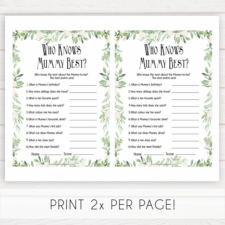 Greenery Who Knows Mommy Best Quiz, Baby Shower Games, Knows Mummy Games, Green Leaf Baby Shower Games, Green Fun Baby Shower Games, printable baby shower games, fun baby games, popular baby games