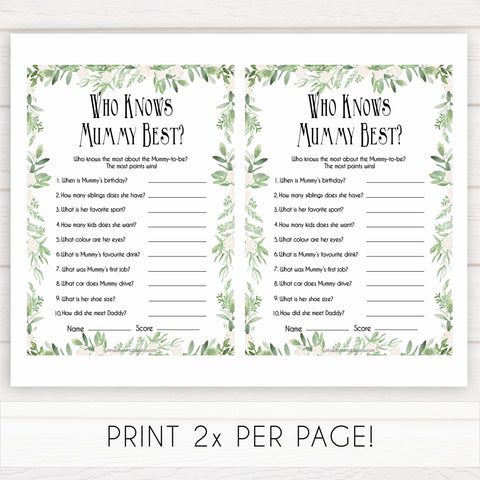 Greenery Who Knows Mommy Best Quiz, Baby Shower Games, Knows Mummy Games, Green Leaf Baby Shower Games, Green Fun Baby Shower Games, printable baby shower games, fun baby games, popular baby games