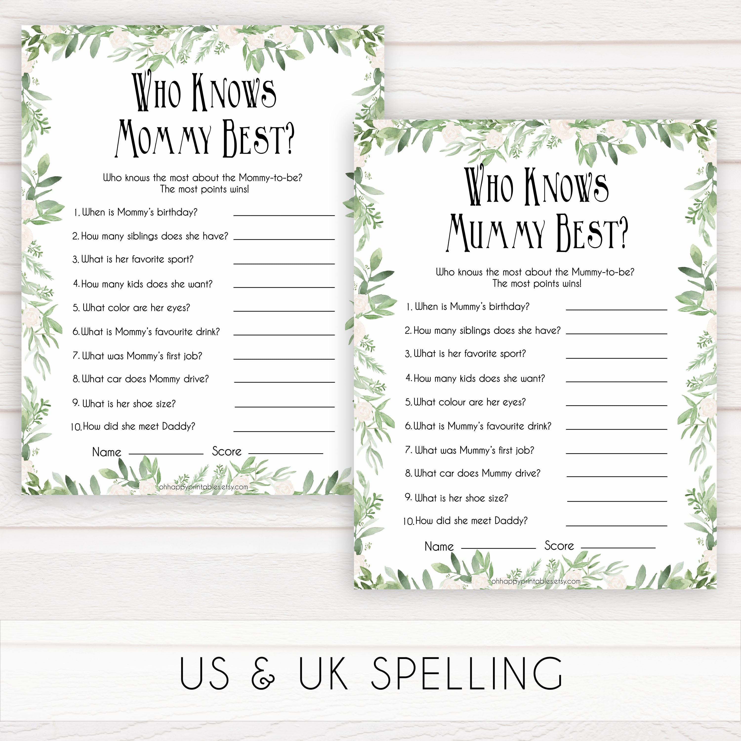 Greenery Who Knows Mommy Best Quiz, Baby Shower Games, Knows Mummy Games, Green Leaf Baby Shower Games, Green Fun Baby Shower Games, printable baby shower games, fun baby games, popular baby games
