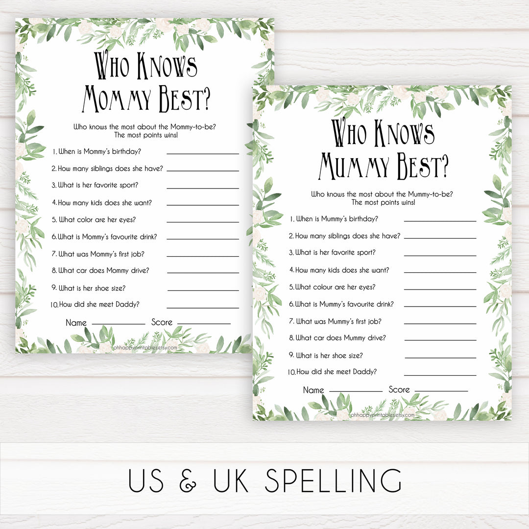 Greenery Who Knows Mommy Best Quiz, Baby Shower Games, Knows Mummy Games, Green Leaf Baby Shower Games, Green Fun Baby Shower Games, printable baby shower games, fun baby games, popular baby games