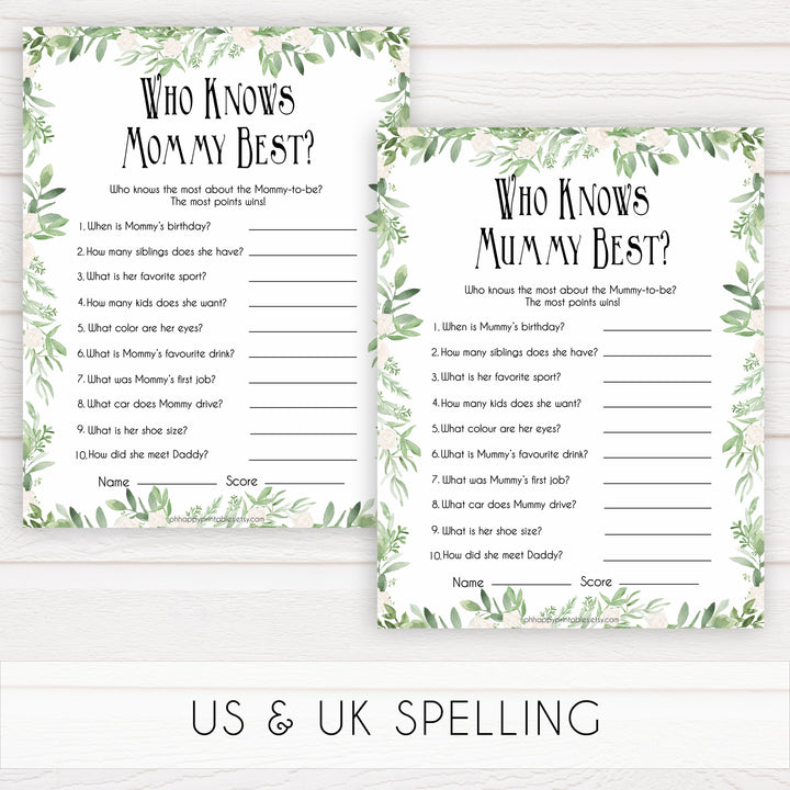 Greenery Who Knows Mommy Best Quiz, Baby Shower Games, Knows Mummy Games, Green Leaf Baby Shower Games, Green Fun Baby Shower Games, printable baby shower games, fun baby games, popular baby games