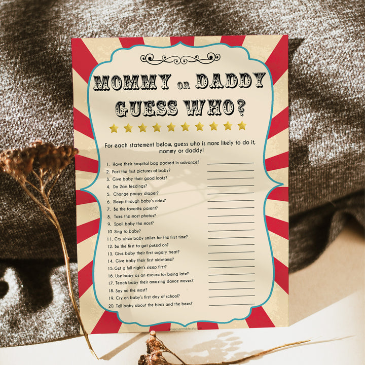 Circus guess who mommy or daddy baby shower games, circus baby games, carnival baby games, printable baby games, fun baby games, popular baby games, carnival baby shower, carnival theme