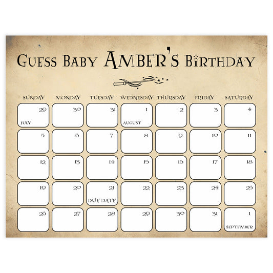 wizard guess the baby birthday game, harry potter baby shower games, baby birthday predictions game, printable baby games, wizard baby shower