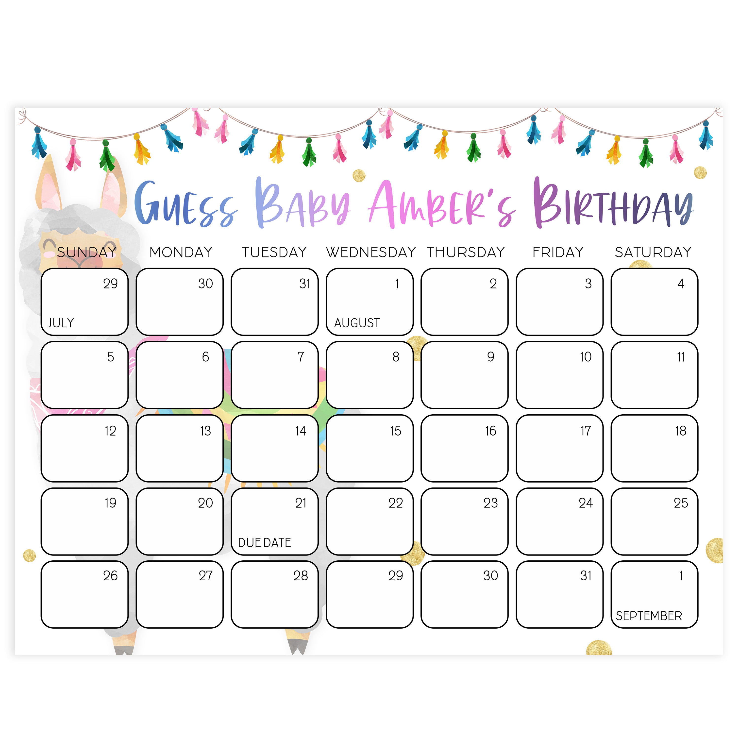 guess the baby birthday game, baby birthday predictions, Printable baby shower games, llama fiesta fun baby games, baby shower games, fun baby shower ideas, top baby shower ideas, Llama fiesta shower baby shower, fiesta baby shower ideas