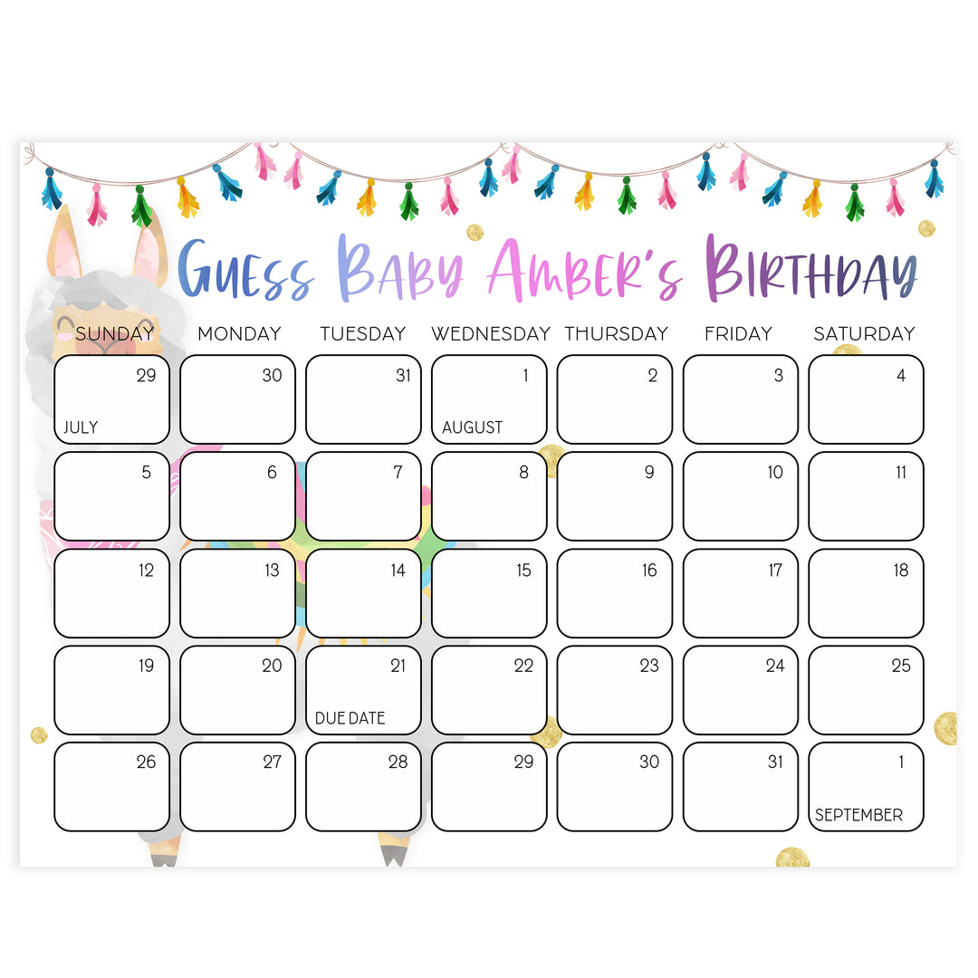 guess the baby birthday game, baby birthday predictions, Printable baby shower games, llama fiesta fun baby games, baby shower games, fun baby shower ideas, top baby shower ideas, Llama fiesta shower baby shower, fiesta baby shower ideas