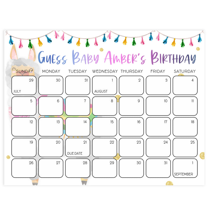 guess the baby birthday game, baby birthday predictions, Printable baby shower games, llama fiesta fun baby games, baby shower games, fun baby shower ideas, top baby shower ideas, Llama fiesta shower baby shower, fiesta baby shower ideas