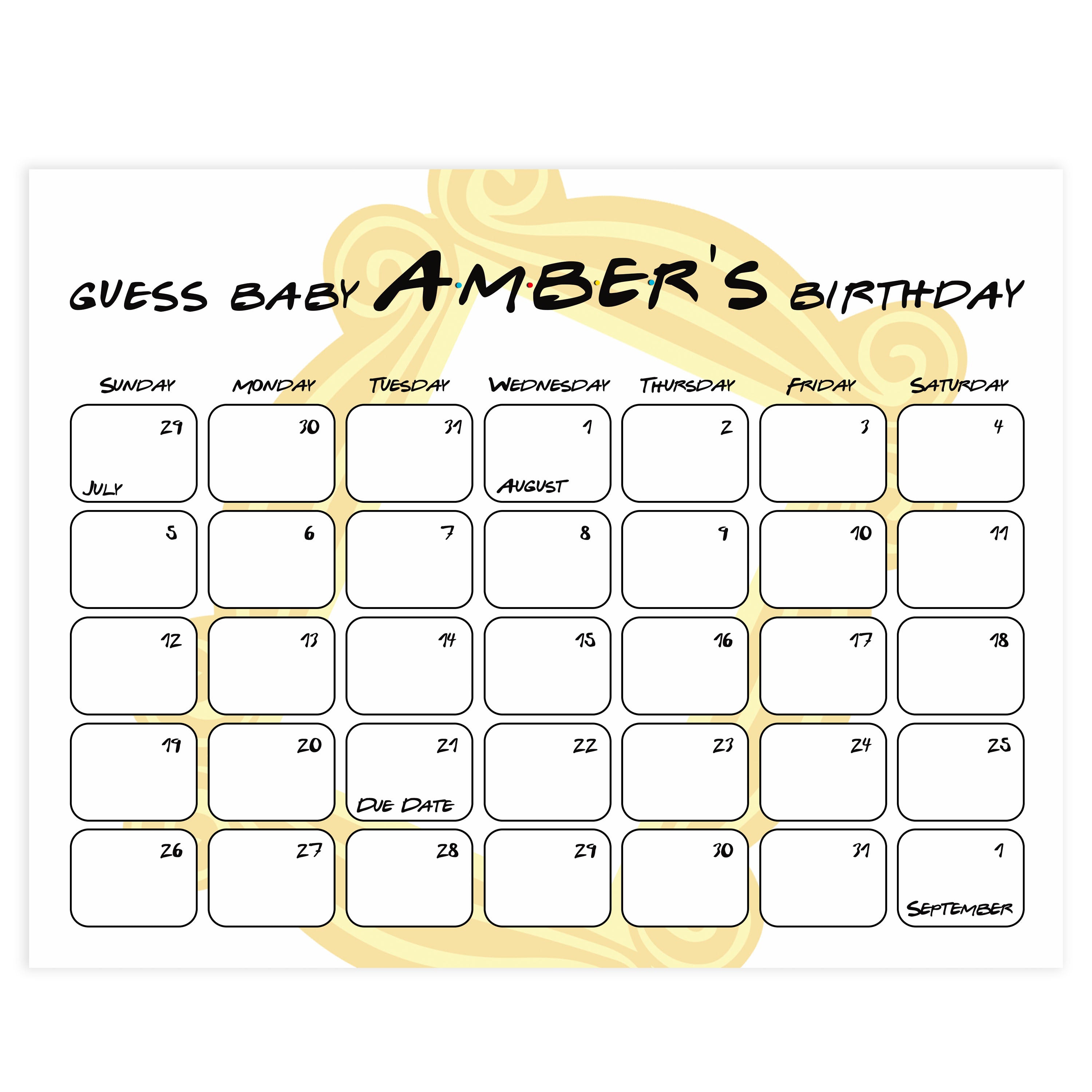 guess the baby birthday game, baby birthday predictions game, friends baby shower games, friends baby shower theme