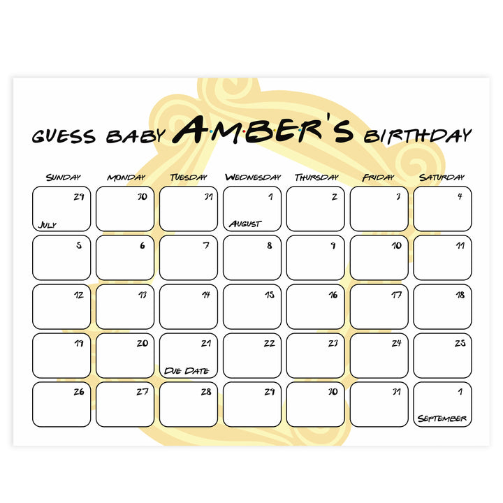 guess the baby birthday game, baby birthday predictions game, friends baby shower games, friends baby shower theme