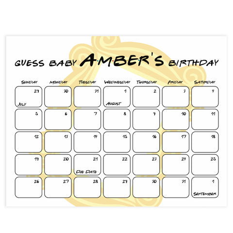 guess the baby birthday game, baby birthday predictions game, friends baby shower games, friends baby shower theme