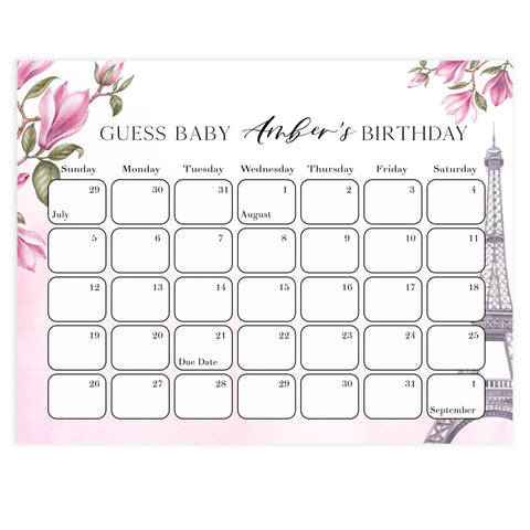 guess the baby birthday game,  Paris baby shower games, printable baby shower games, Parisian baby shower games, fun baby shower games