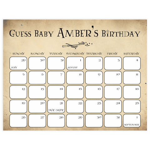 wizard guess the baby birthday game, harry potter baby shower games, baby birthday predictions game, printable baby games, wizard baby shower