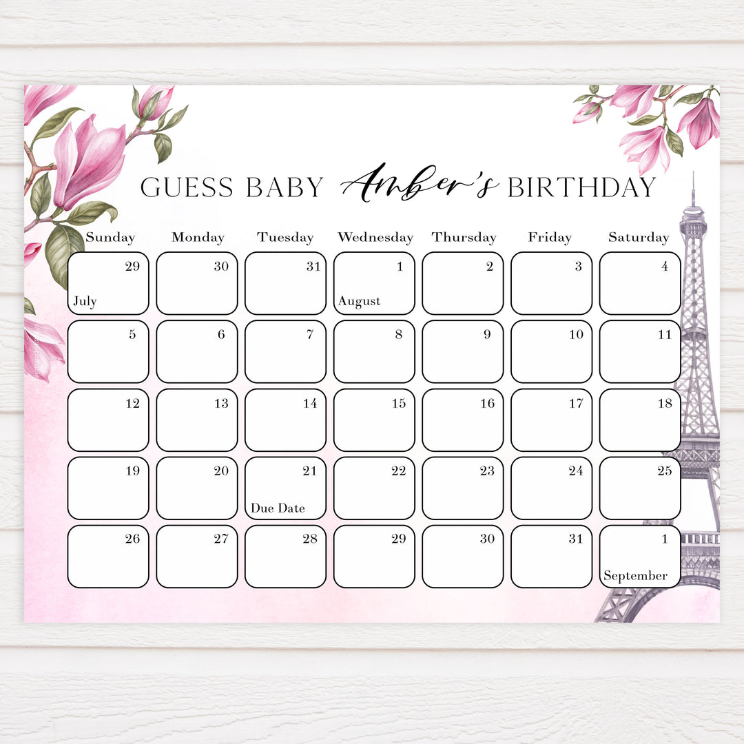 guess the baby birthday game,  Paris baby shower games, printable baby shower games, Parisian baby shower games, fun baby shower games
