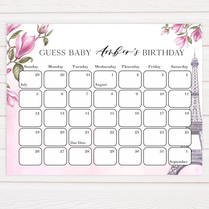 guess the baby birthday game,  Paris baby shower games, printable baby shower games, Parisian baby shower games, fun baby shower games