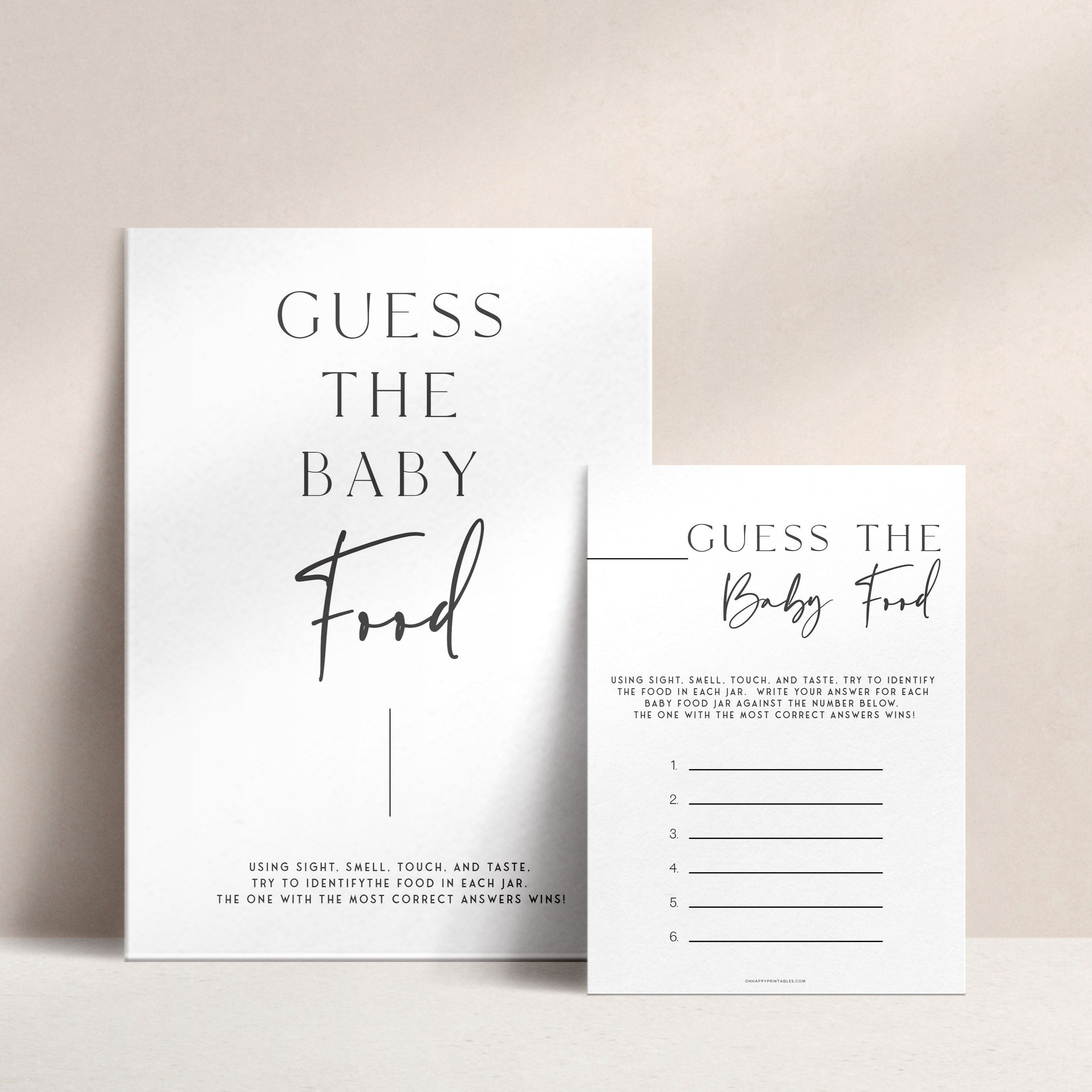Printable baby shower game guess the baby food with a modern minimalist design