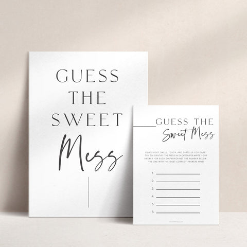 Printable baby shower game Guess The Sweet Mess with a modern minimalist design