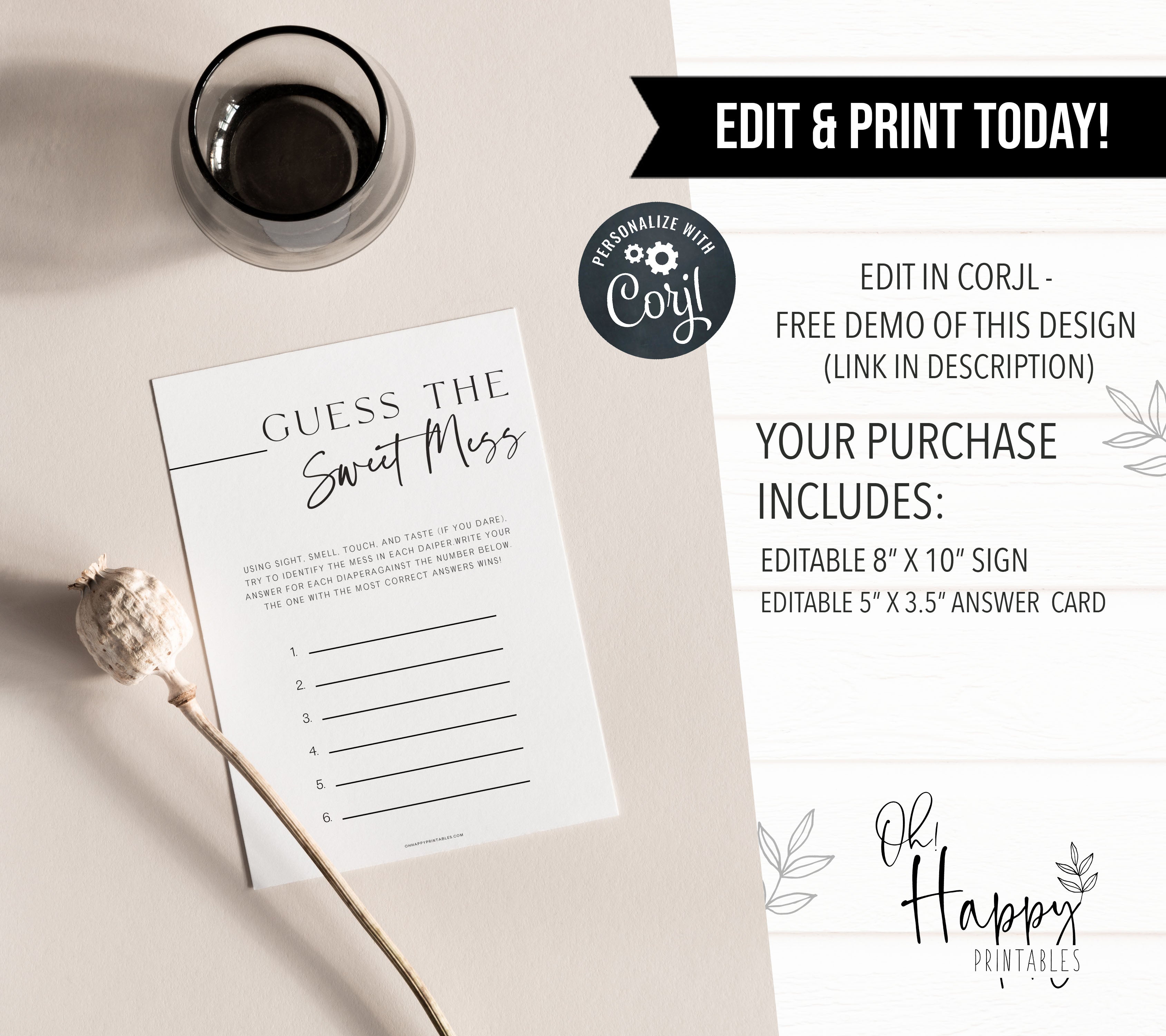 Printable baby shower game Guess The Sweet Mess with a modern minimalist design