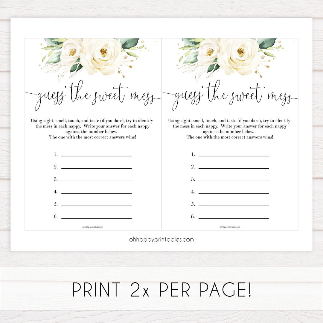 guess the sweet mess game, Printable baby shower games, shite floral baby games, baby shower games, fun baby shower ideas, top baby shower ideas, floral baby shower, baby shower games, fun floral baby shower ideas