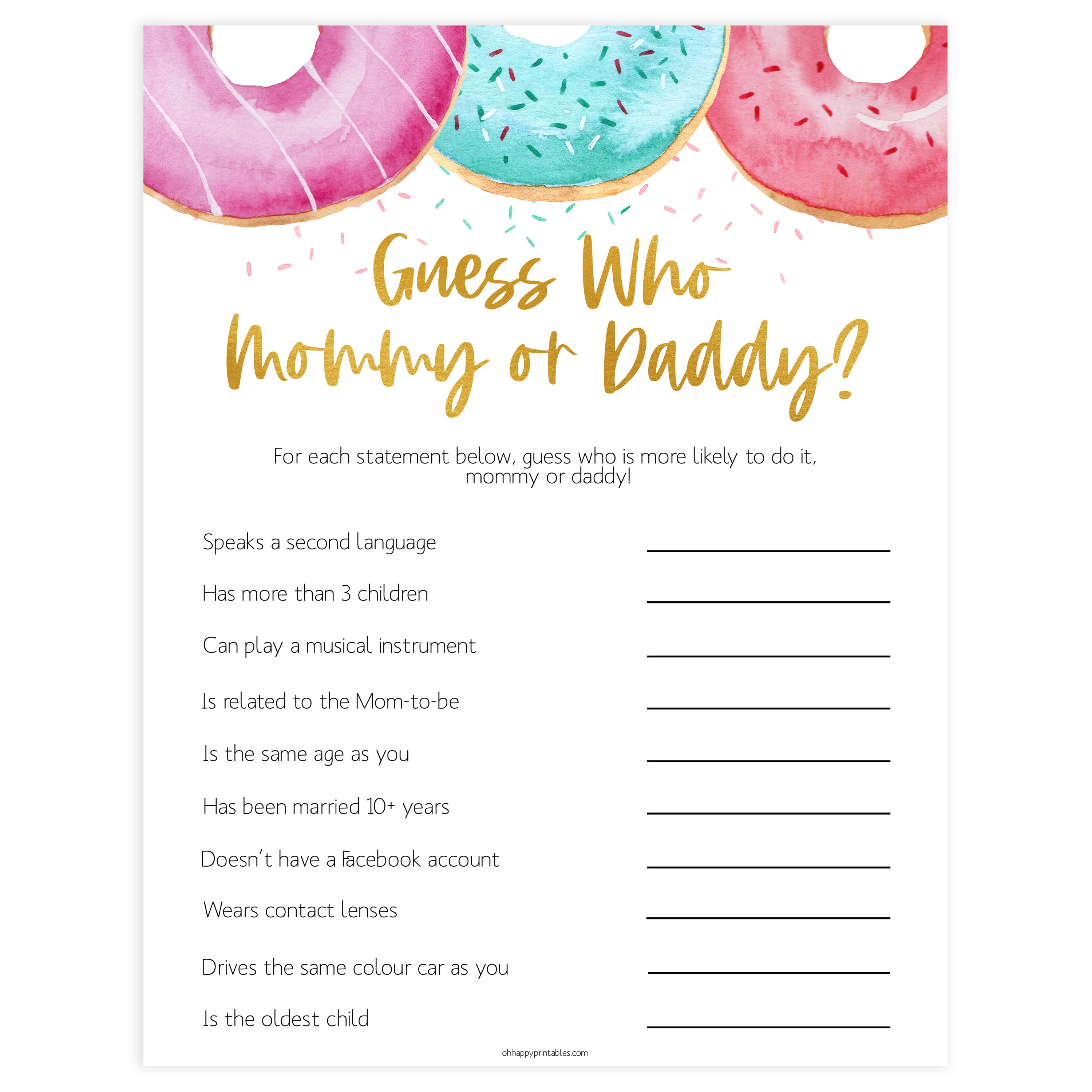 editable baby shower games, guess who mommy or daddy game, Printable baby shower games, donut baby games, baby shower games, fun baby shower ideas, top baby shower ideas, donut sprinkles baby shower, baby shower games, fun donut baby shower ideas