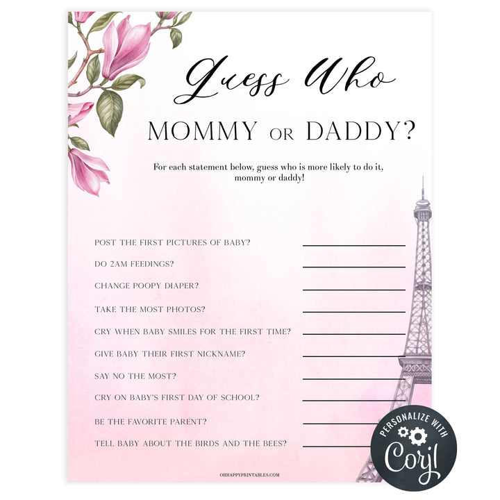 editable guess who said it baby game, Paris baby shower games, printable baby shower games, Parisian baby shower games, fun baby shower games