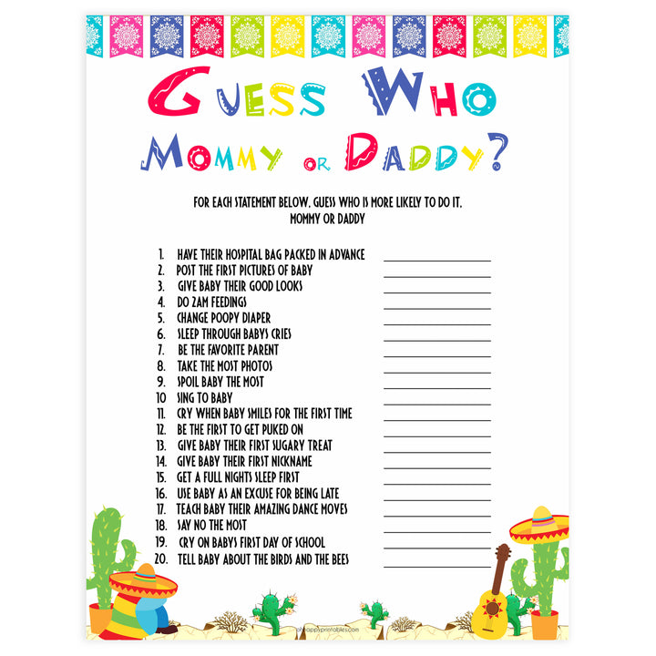 guess who mommy or daddy game, Printable baby shower games, Mexican fiesta fun baby games, baby shower games, fun baby shower ideas, top baby shower ideas, fiesta shower baby shower, fiesta baby shower ideas